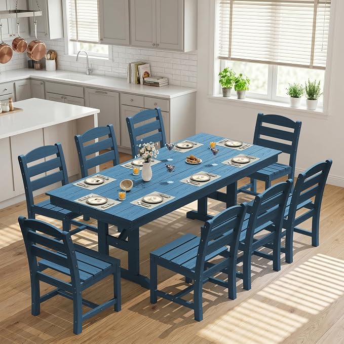 KINGYES 8-Person Outdoor Patio Dining Set with Patio Umbrella,84 inch HDPE Rectangular Table and Chairs Set,Waterproof Furniture Set with Umbrella Hole for Backyard,Blue