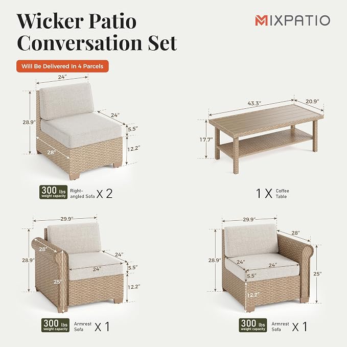 MIXPATIO Patio Furniture Set, Sectional Wicker Outdoor Furniture Set with Fire Pit Table, Modular Sofa Set with 5.5" Thick Waterproof Cushion for Garden Deck Backyard, Beige