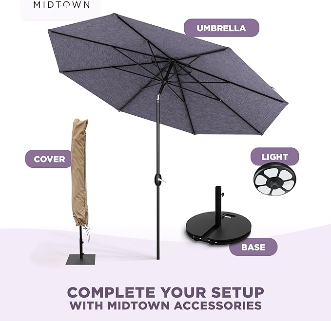 Midtown Umbrellas - 10-Year-No-Fade 9 Ft Patio Umbrella with Terylast Fabric, Auto-Tilt Aluminum Frame and 8 Reinforced Ribs for Deck, Pool, Garden & Beach - Purple Texture Canopy, Black Pole