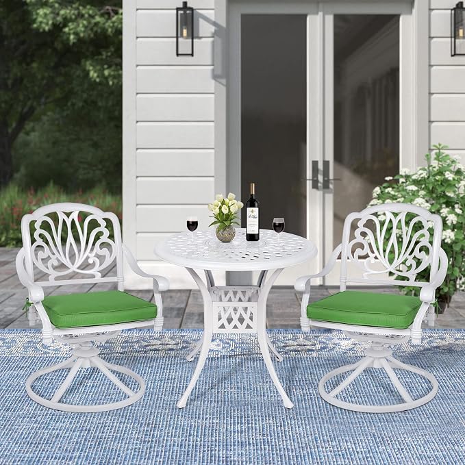 MEETWARM 3-Piece Outdoor Patio Dining Set, All-Weather Cast Aluminum Patio Conversation Set for Backyard Garden Deck with 2 Cushions Swivel Rocker Chairs and 31" Round Table, 2.2" Umbrella Hole, White