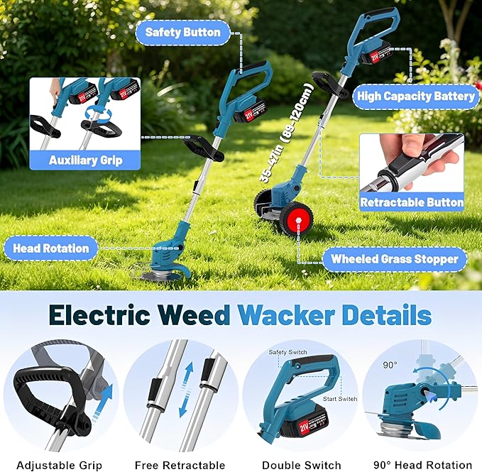 Cordless Weed Wacker Electric Eater 21V Stringless String Trimmers Battery Powered 3-in-1 Grass Trimmer/Lawn Edger/Brush Cutter with 4 Types Blades & Wheels for Garden Yard