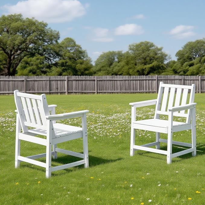 Outdoor Chairs All-Weather Patio Dining Chair with Backrest and Armrest, 300 LBS Support HDPE Outdoor Patio Furniture Chairs for Garden, Deck, Porch, White