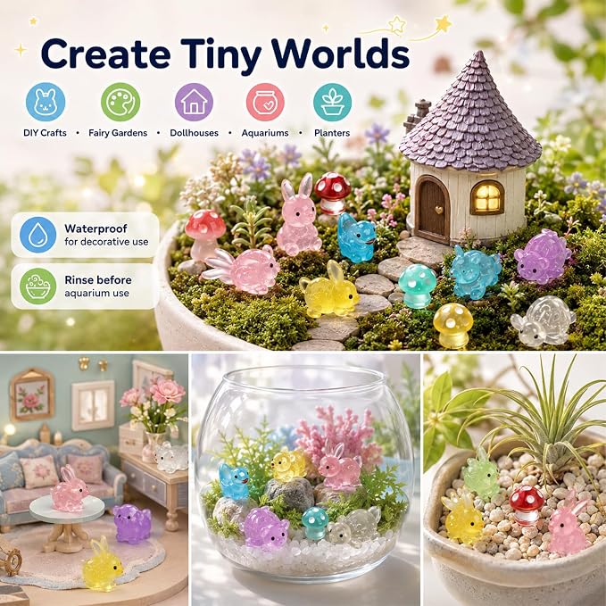 200PCS Mini Resin Animals Variety Pack Glow in The Dark, Miniature Figurines in Bulk & Tiny Ducks, Mini Figures to Hide, Fairy Garden Accessories Outdoor, Desk Pets Toys, Small Little Plastic Animals