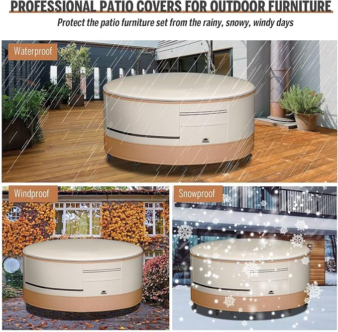 Round Patio Furniture Covers 800D Ripstop 100% Waterproof Patio Table Chair Set Covers Durable UV Resistant Fabric for Outdoor Furniture Set, 72"DIA x 28"H