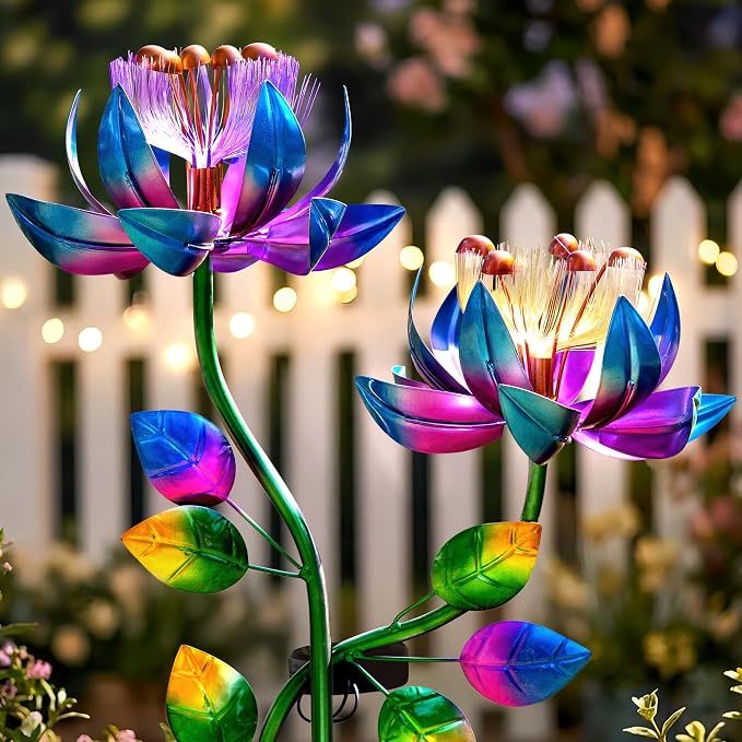Solar Wind Spinner Outdoor Metal Garden Decor β 2-in-1 Kinetic Double Lotus Flower Stake with Glowing Fiber Optic Lights, Multi-Color Spinning Yard Art Sculpture for Patio, Lawn, and Pathway