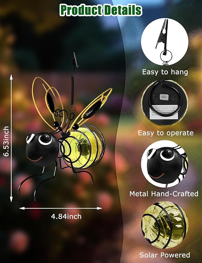 Solar Bees Lights Outdoor, 2026 New Hanging Bee Solar Garden Lights,IP44 Waterproof,Outdoor Statues Figurine Light Decorations for Balcony,Garden,Porch,Courtyard Decoration (1Pcs)