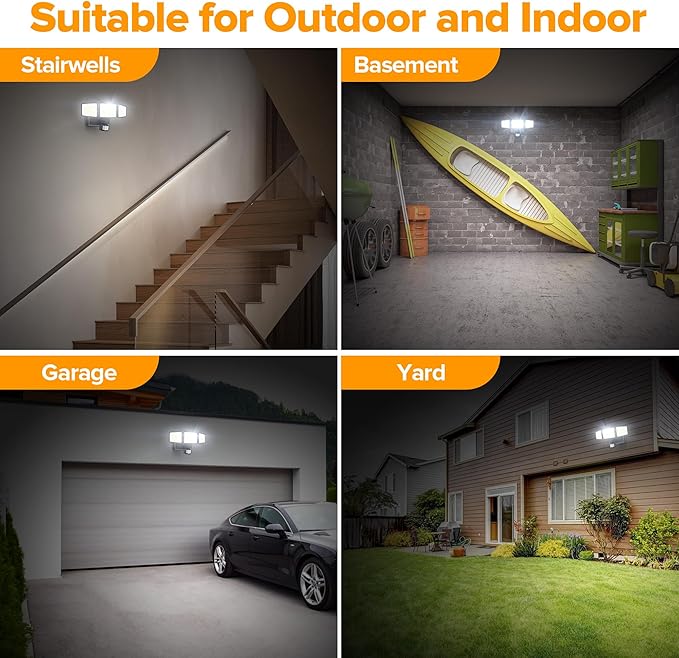 UME Battery Powered Motion Sensor Outdoor Lights 302 LED 1800LM, IP65 Waterproof Battery Operated Flood Lights Outdoor, 3 Heads Security Motion Light with 3 Modes for Garden Patio Yard