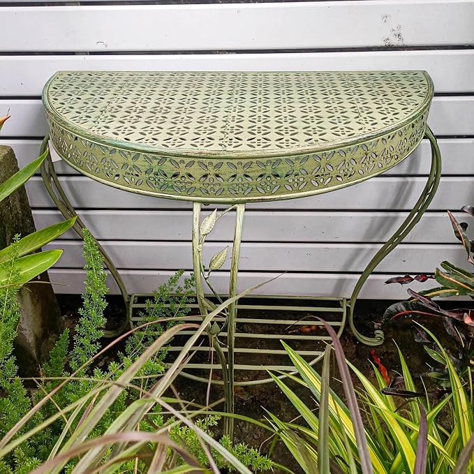 Outdoor Half-Moon Patio Console Table, 2 Tier Iron Half Round Garden Porch Table, Antique All-Weather Mid Century Tables(Green)