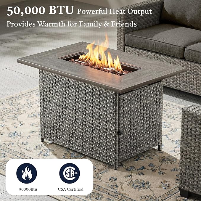7 Piece Patio Furniture Set with 41" Fire Pit Table - High Back Swivel Glider Patio Chairs Set of 6, All Weather Deep Seating Outdoor Conversation Set for Porch Deck Yard Pool Brown