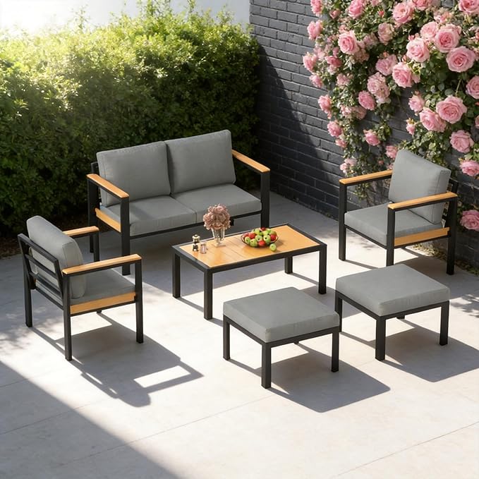 HOMREST Aluminum Patio Furniture Set with Coffee Table, 6 Seat Oversized Outdoor Sectional with Washable Thick Cushions, Patio Conversation Set with Special Wide Armrest and Deep Seat, Gray