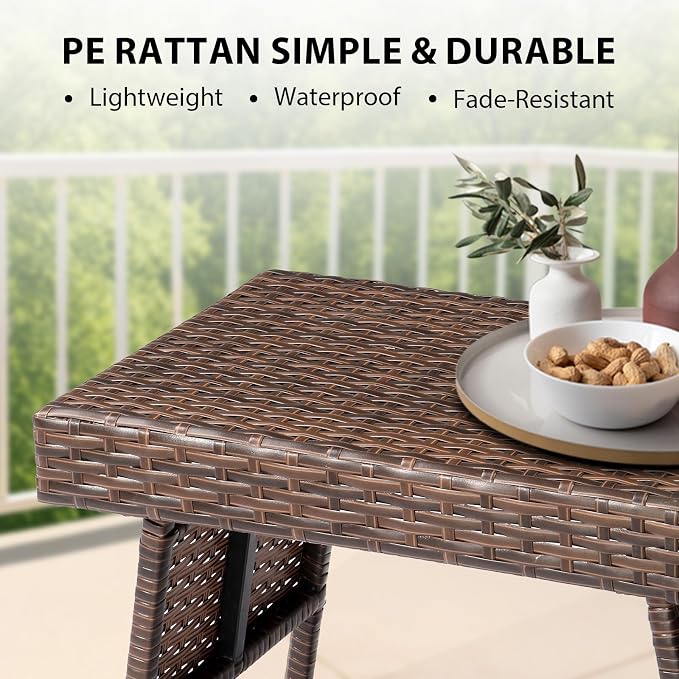 23.6" Rectangular Patio Side Table,Small Folding Wicker End Tables,All-Weather Rattan Coffee Table,Bistro Dining Tables,with Steel Frame,for Lawn Garden Backyard Deck Porch Poolside Balcony (Brown)
