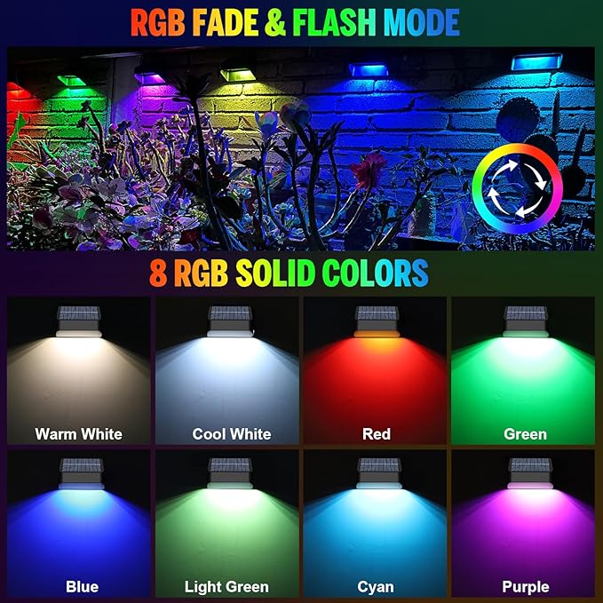 Yivsen Solar Fence Lights, Warm White & RGB Fence Lights Outdoor Step Lights Outdoor Waterproof LED Solar Lighting for Outside, Backyard, Patio, Deck, Stair Handrail, Pool and Wall(8 Pack,Black)