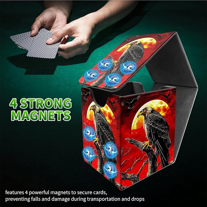 Deck Box for MTG, Cards Storage Box Fits 120+ Sleeved, Leather Medium Size Strong Magnetic Closing Card Case for Board Games Magic TCG CCG Baseball Collection, Red Sky Eagle