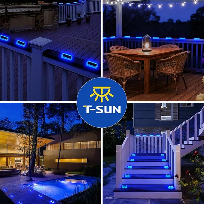T-SUN Solar Deck Lights Outdoor Waterproof, Deck Lights Solar Powered, Driveway Marker Light for Fence Front Door, Step, Stair, Garden, Sidewalk, Pathway, Dock Porch, Backyard (Blue, 8 Packs)