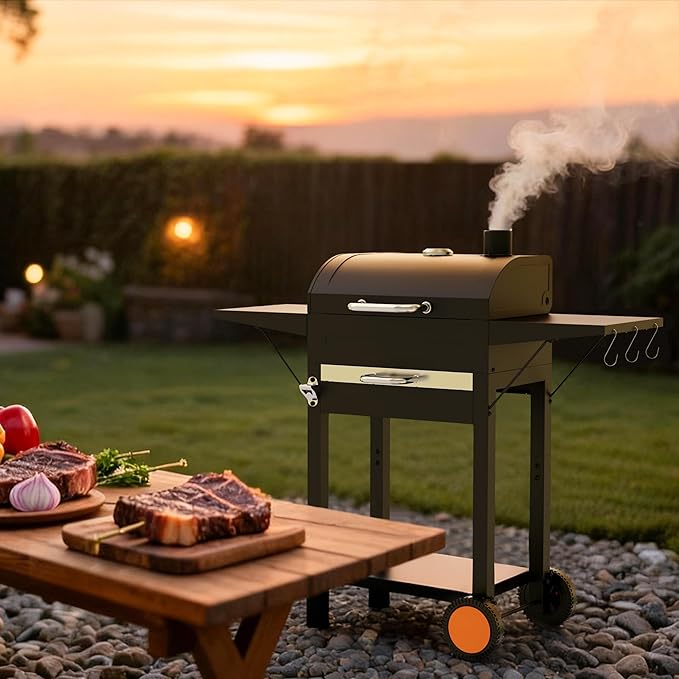 KEYO GRILL 20-Inch Heavy Duty Charcoal Grills, Adjustable Vent Outdoor BBQ Grill with Two Side Tables, Pullable Charcoal Ash Tray Portable Barbecue Grill for Backyard,Tailgating and Camping, Black