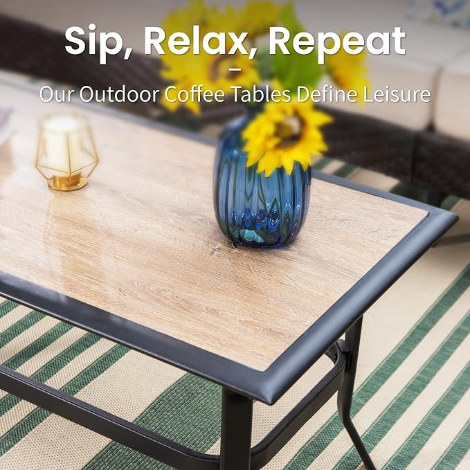 Elegant Wood-Like Outdoor Coffee Tables, Rectangular Patio Tables Suited for Garden, Balcony, Backyard, Black