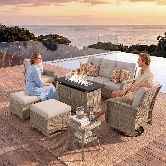 LazySunsets 9 Piece Outdoor Patio Furniture Set with 44'' Fire Pit Table, Wicker Rattan Outdoor Furniture with High Back Swivel Rocker Chairs, Outdoor Sofa Set with Thick Cushions & Ottoman, Grey