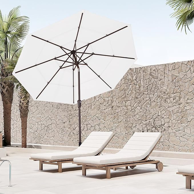 JEAREY 9FT 3 Tier Patio Umbrella Outdoor Market Umbrella Table Umbrellas with 8 Ribs 1.5 Pole Push Button Tilt and Crank UV Protection for Garden,Off-white