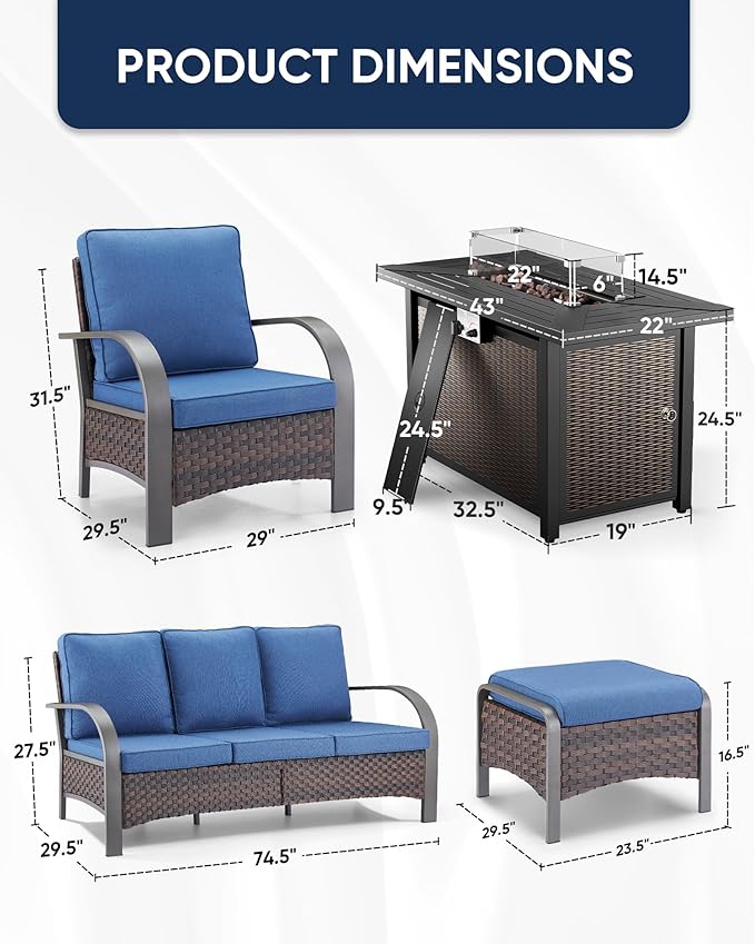 HUMMUH Outdoor Patio Furniture Set with Fire Pit-PE Wicker Patio Chairs Set of 2 with Rattan Sofa Patio Conversation Set for Deck Porch Garden Poolside Backyard-Brown/Blue