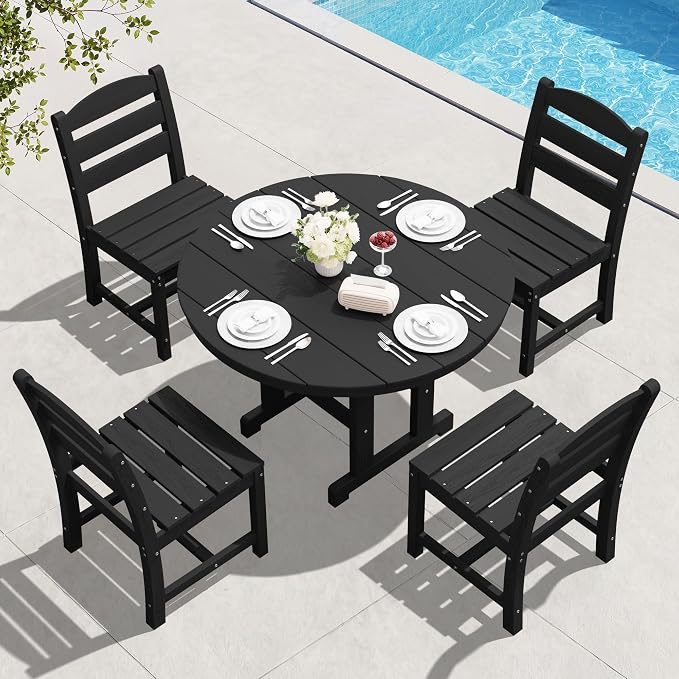 SERWALL Outdoor Round Dining Sets with Umbrella, HDPE Patio Table and Chairs Furniture Set, 45" Round Dining Table & 4 Armless Dining Chairs & 1 9FT Umbrella, Black(Not Include Umbrella Base)