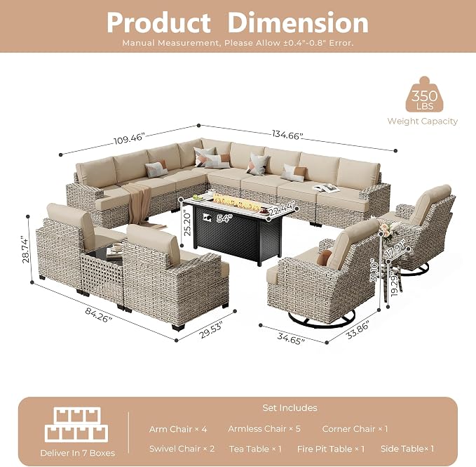 HOOOWOOO Sectional Patio Furniture Set with Fire Pit Table,15 Pieces Wicker Outdoor Furniture L Shaped Couch,Outside Conversation Set Extra Deep Seat Sofa Wide Arm Swivel Chairs Solar Light,Beige