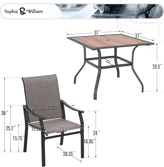 Sophia & William 5-Piece Outdoor Dining Set, 4 Comfortable Textilene Chairs and 37" Wood-like Top Outdoor Square Table, Durable All-Weather Patio Furniture for Lawn, Park, and Courtyard Support 350lbs