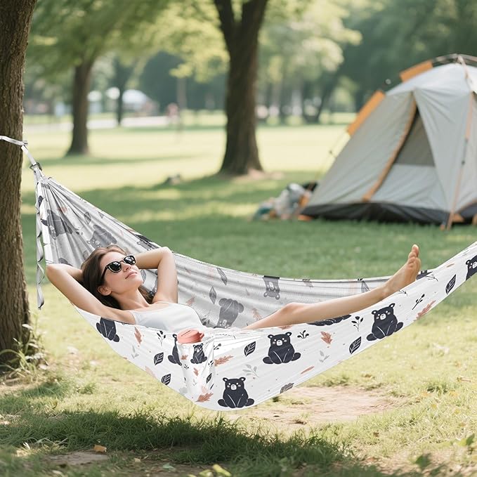 Camping Hammock Outdoor Hammocks for Outside Black Bear White Beach Trees Portable Lightweight with Pockets Tree Straps Indoor