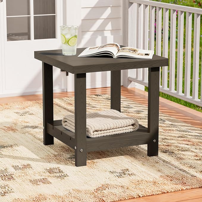 2-Tier HDPE Outdoor Square Side Table, Heavy-Duty Patio Side Table with Storage Shelf, Weather-Resistant Adirondack End Tables for Backyard, Pool, Porch, Garden, Lawn, Brown