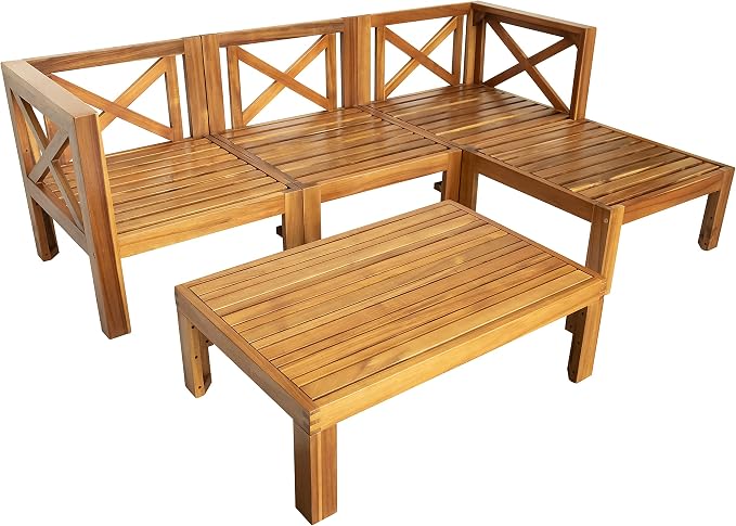 JIVOIT 5-Piece Outdoor Backyard Patio Set, Acacia Wood Sectional Sofa Seating Group Set with Tea Table and Cushions, Conversation Furniture Set for Garden Backyard Poolside