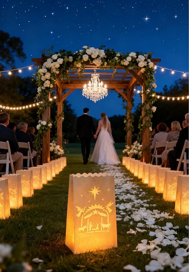 AceList 30 Set Luminaries Bag with Flameless Candles, Flickering LED Tea Lights with Paper White Luminary Bags Battery Operation for Party, Halloween, Christmas Decoration (Nativity, Bag+Candle)