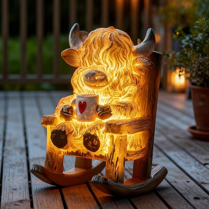 LIULO TOOL Solar Powered Miniature Highland Cow Decor, Fairy Garden Accessories, Outdoor Lights Solar Figures for Outdoor Garden Yard, Gift for Mom Grandma