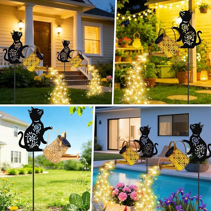 VOOKRY Solar Watering Can Lights Outdoor with Cat Silhouette Stake, Garden Gifts for Mom, Women & Garden Lovers Waterproof Metal Garden Lantern, Decorative Yard Patio Lawn Pathway Decor(2 Pack)