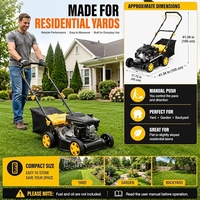 16-Inch Gas Lawn Mower, Push Walk-Behind Lawn Mower with 132cc 4-Stroke Air-Cooled Engine, 8-Position Height Adjustment, 45L Grass Bag, Black Yellow (MAX)