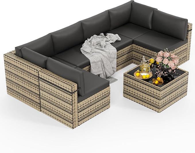 7-Piece Outdoor Sectional Sofa Set, Weather-Resistant Patio Furniture Set with Washable Cushions and Coffee Table, Brown Rattan Patio Conversation Set for Poolside, Backyard, Deck (Black)