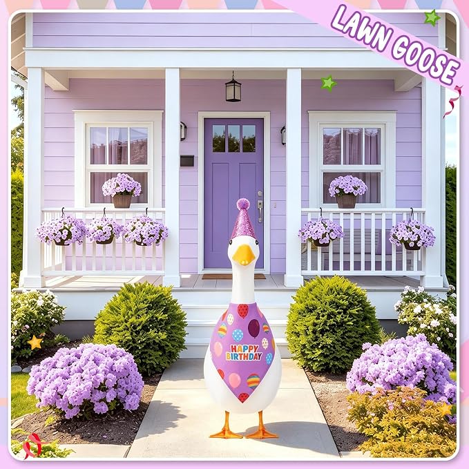 Happy Birthday Goose Outfit with Glitter Hat and Bandana,Purple | for 23" 17" Cement Plastic Porch Goose, Outdoor Statue Patio Yard Lawn Art