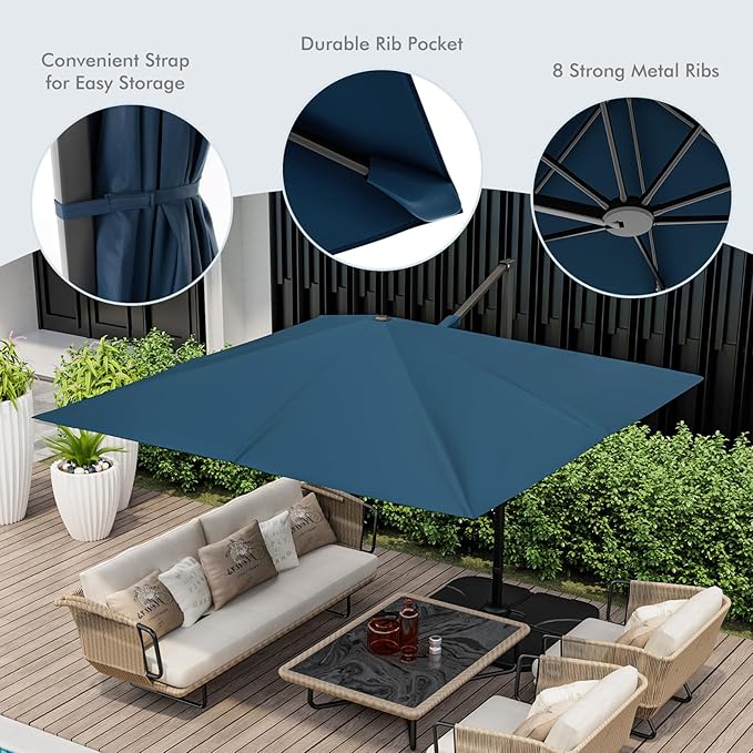 Tangkula 9.5 FT Cantilever Patio Umbrella, Outdoor Square Offset Umbrella with 360° Rotation, Heavy Duty Patio Hanging Umbrella with Cross Base for Garden Deck Pool Backyard (Navy)