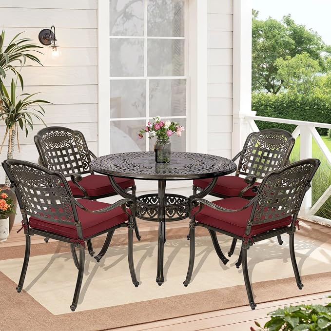 5-Piece Outdoor Patio Dining Set, All-Weather Cast Aluminum Patio Furniture Set for Backyard Garden Deck with 4 Chairs, 4 Cushions and 38.5" Round Table, 2" Umbrella Hole, Red