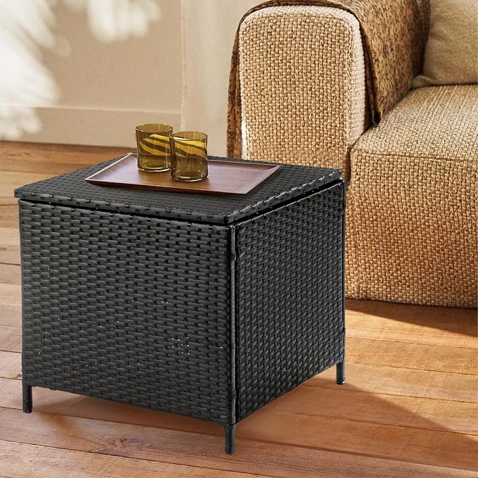 HOMSUPPLIE'S 13 Gallon Outdoor Side Table with Storage Space, Waterproof Wicker Patio Deck Box, Rattan End Table with Hidden Storage for Pool Towels, Toys & Garden Tools(Black,Trapezoid)