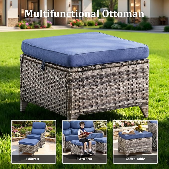 Luxury High Back Patio Furniture Set with 6-Inch Thick Cushions, 8-Pieces Outdoor Furniture with Swivel Chairs, Wicker Conversation Set for Porch, Balcony, Deck and Yard, Grey/Blue