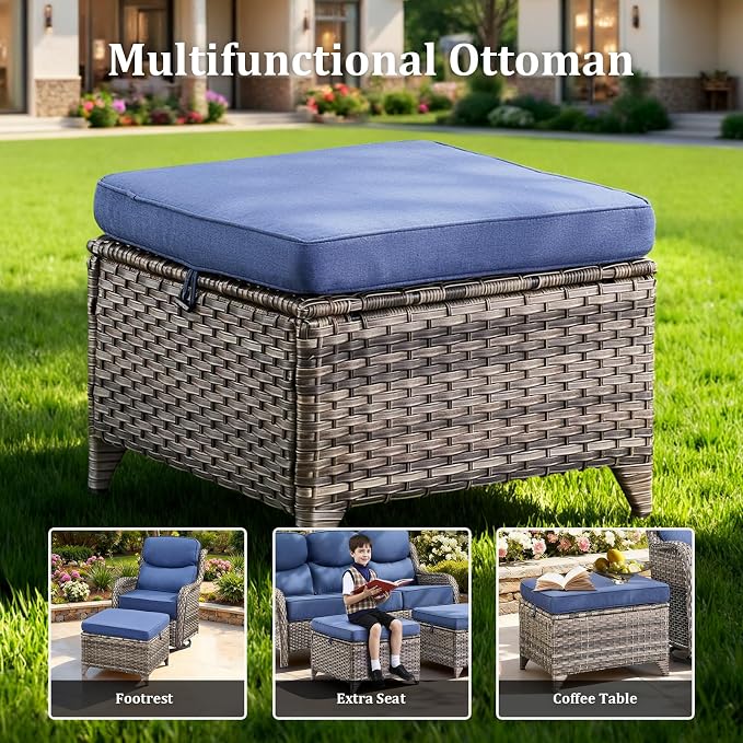 Luxury High Back Patio Furniture Set with 6-Inch Thick Cushions, 9-Pieces Outdoor Furniture with Swivel Chairs, Wicker Conversation Set for Porch, Balcony, Deck and Yard, Grey/Blue
