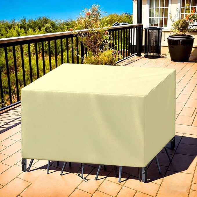 Patio Furniture Cover Rectangle 64"(L) x 32"(W) x 28"(H), Custom Heavy Duty 420D Waterproof Outdoor Cover with Drawstring & Buckles for Table Chair Garden, Cream