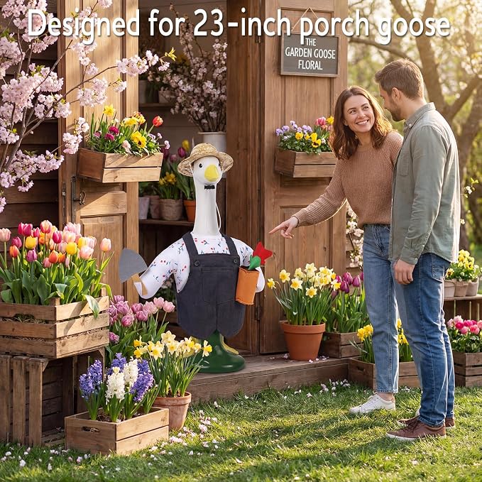23" Gardener Porch Goose Outfit for Front Yard Lawn Seasonal Decor | Funny Summe Cement Geese Clothes for Duck Plastic Statue