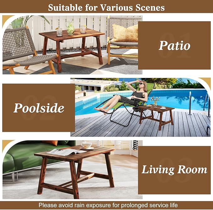 HAPPYGRILL Outdoor Wood Coffee Table, Japanese Floor Low Tea Table with Slatted Tabletop, Rectangle Patio Side End Table for Poolside Garden Living Room
