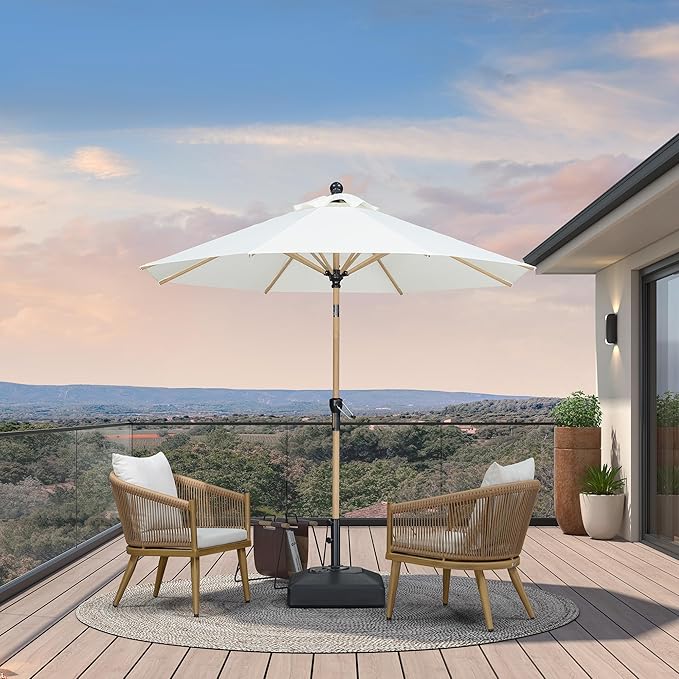 PURPLE LEAF 8 Feet Market Umbrella with Base Patio Umbrella Round Outdoor Table Umbrella with Push Button Tilt & Crank and 8 Ribs Aluminum Outdoor Umbrella for Garden Deck Balcony, Cream