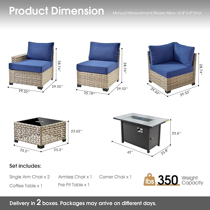 Outdoor Sectional Patio Furniture Set with Fire Pit,7 Pieces Rattan Conversation Sets,Out Door L Shaped Furniture with Glowing Coffee Table,Navy Blue
