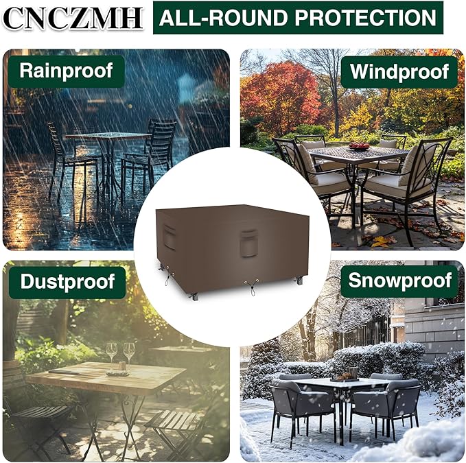 Square Heavy Duty Patio Table Covers Waterproof, 600D Outdoor Dining Table and Chair Set Covers, Outdoor Furniture Cover Waterproof for Sectional Sofa Couch 126''L x 126''W x 32''H, Brown