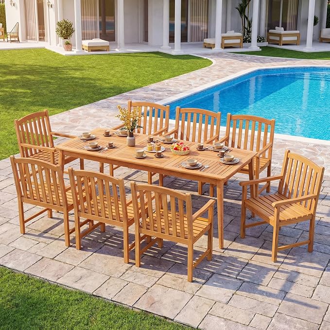 RELAX4LIFE Wooden Outdoor Dining Table for 8, 80" Rectangular Acacia Wood Slatted Patio Table w/Umbrella Hole, Indoor Outdoor Bistro Table for Backyard Porch Garden Deck, 8-Person Patio Dining Table