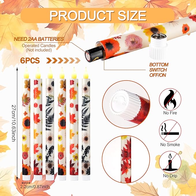 6PCS Thanksgiving Flameless Taper Candles - Fall Maple Leaf Decor, Thanksgiving Decorative Candles with Wax Coating and Autumn Floral Prints Perfect for Table, Party, Banquet
