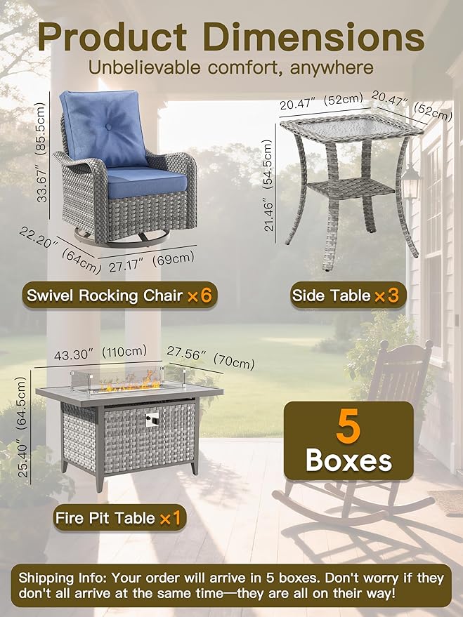 10-Piece Outdoor Conversation Set with 43" Fire Pit Table, 6 Swivel Rocking Chairs (4" Cushions) & 3 Side Tables, All-Weather PE Rattan & Steel Frame for Porch, Deck, Backyard, Blue
