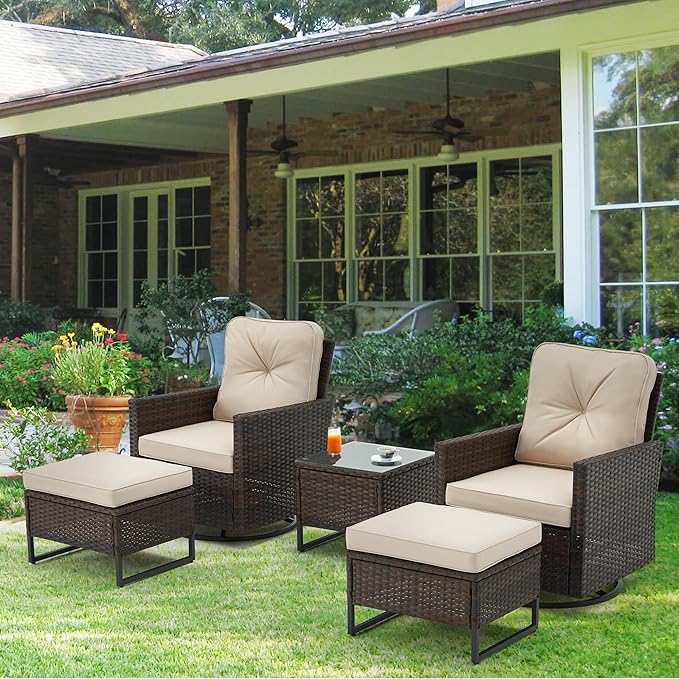 AVAWING 5 Pieces Patio Furniture Set, Wicker Swivel Rocking Chairs with 2 Ottomans and 1 Side Table, Patio Conversation Set w/Waterproof Cushions for Garden, Balcony and Porch, Beige